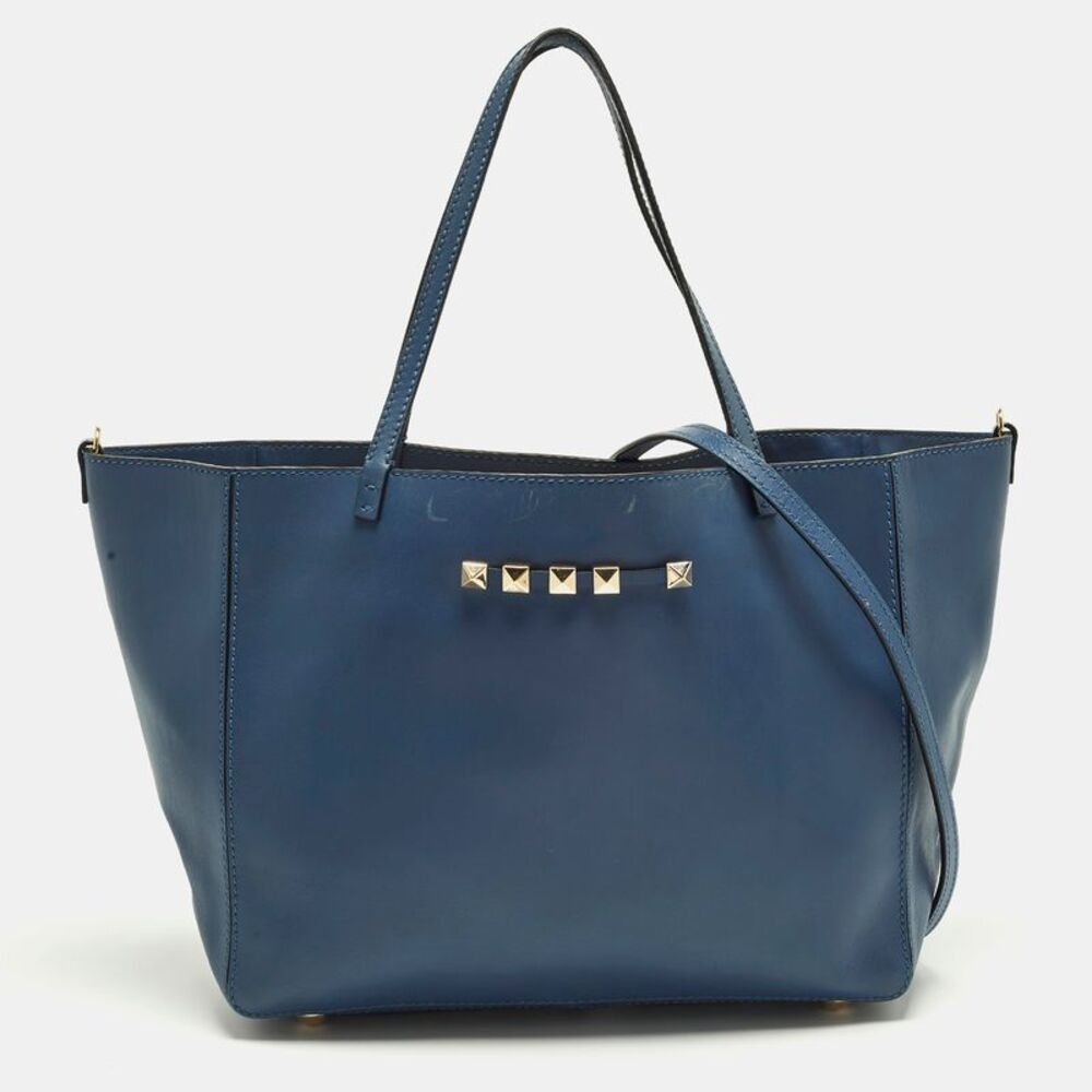 Valentino Rockstud Navy Blue Leather Tote